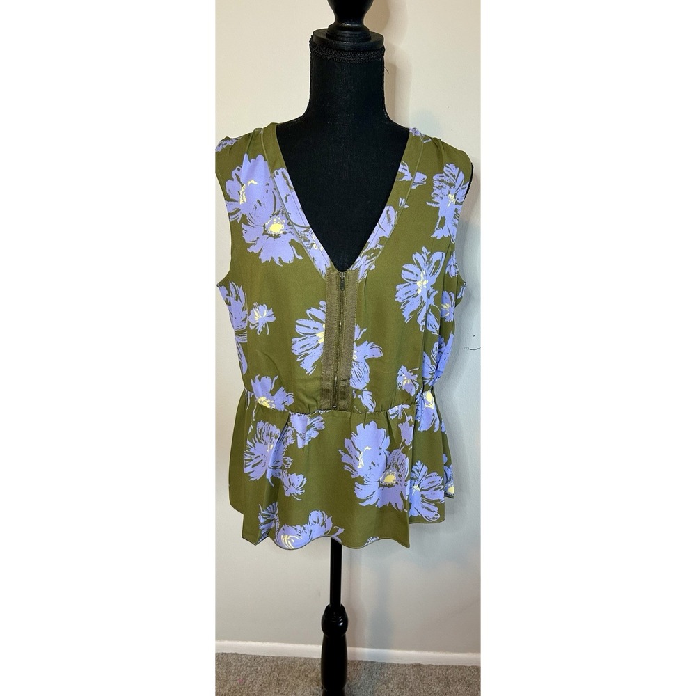 CAbi Olive Green and Purple Floral Peplum Zip Sleeveless Top Medium Blouse new